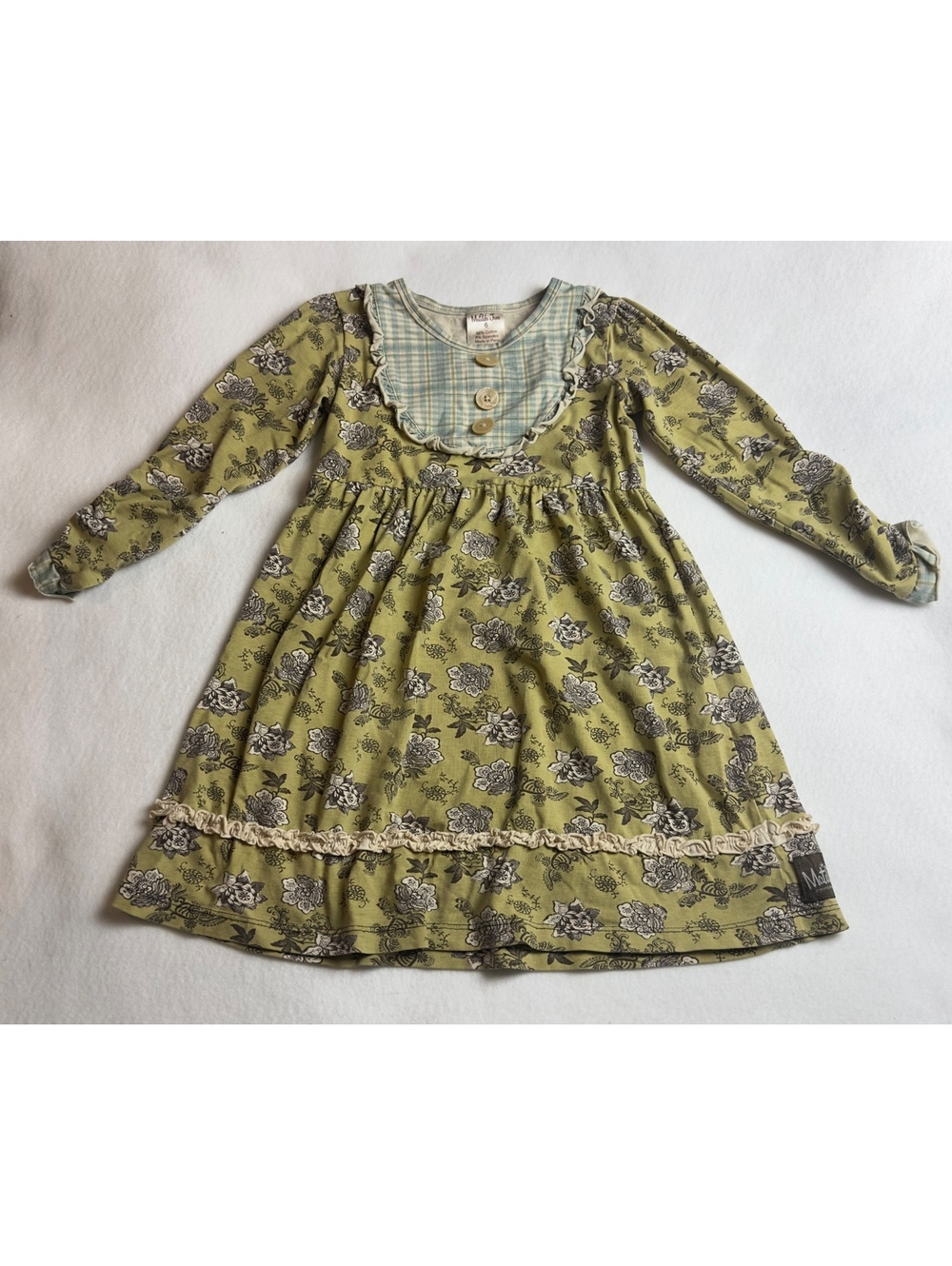 Matilda Jane Girl Size 6 Floral Dress Green Plaid Ruffle Long Sleeve Cottagecore